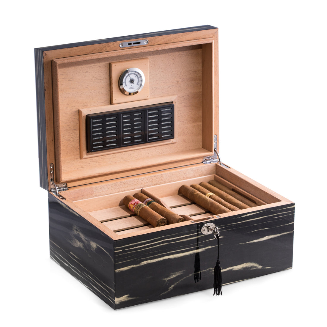 Bey-Berk Lacquered "Ebony" Wood 100 Cigar Humidor with Removable Tray - Crown Humidors