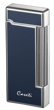Caseti Ravensdale Flint Traditional Flame Lighter - Chrome Plated Vertical Lines & Blue Lacquer - Crown Humidors
