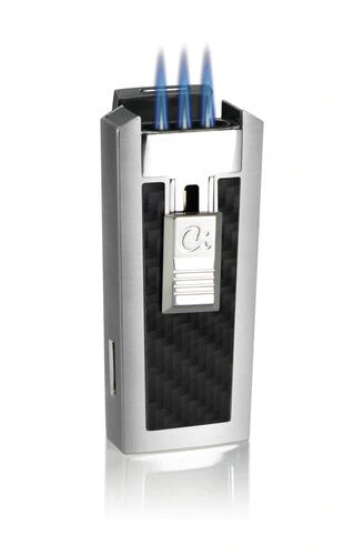 Caseti Tripolis Black Carbon Fiber Triple Torch Flame Cigar Lighter - Crown Humidors