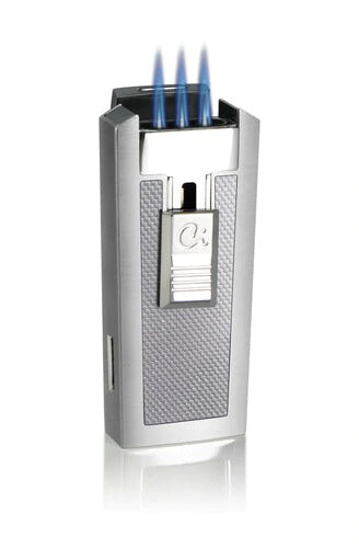 Caseti Tripolis White Carbon Fiber Triple Torch Flame Cigar Lighter - Crown Humidors