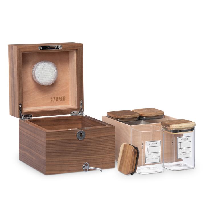 Cannaseur® Cube Walnut Cannabis Humidor with 4 Jars and Lock - Crown Humidors