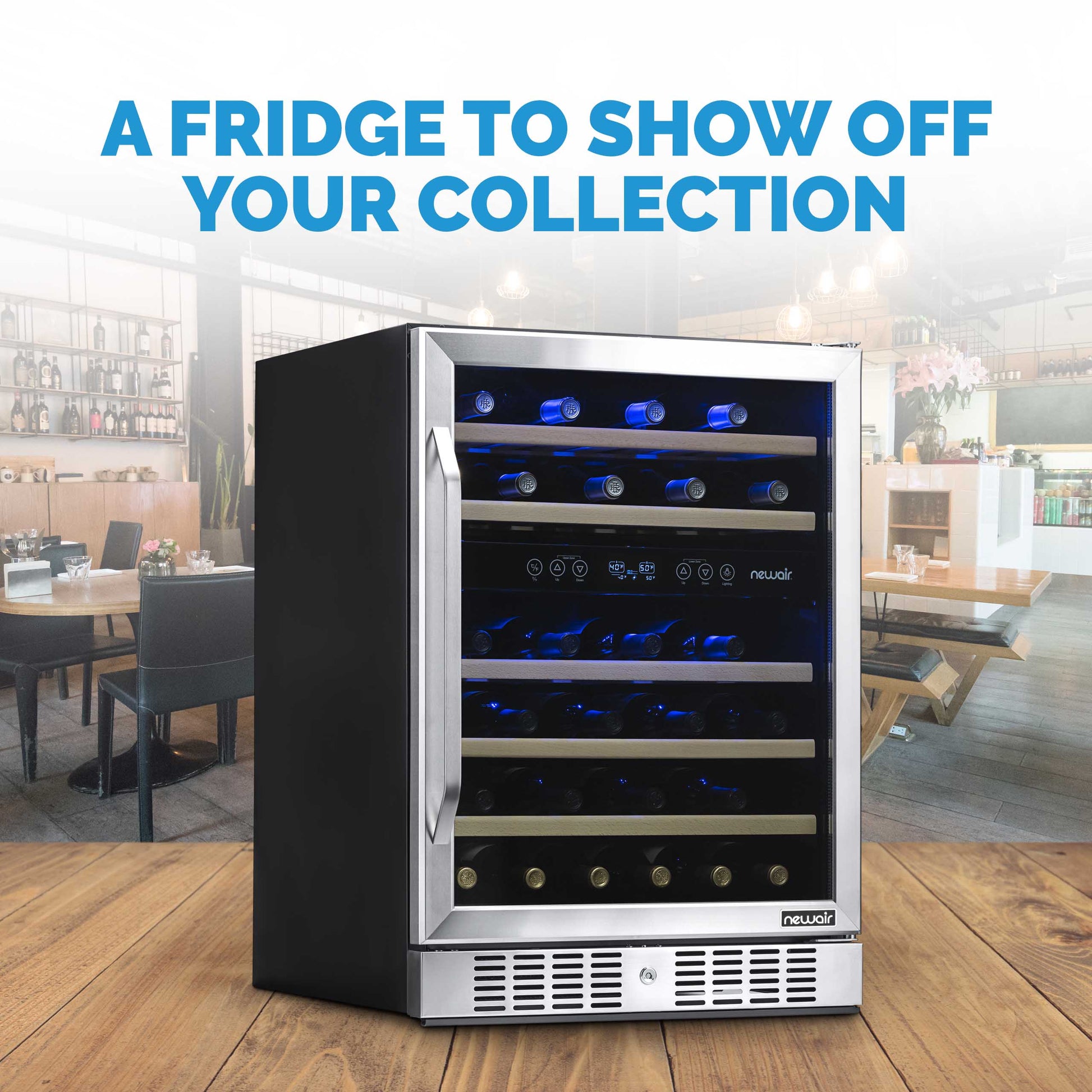 Newair 24” Built-in 46 Bottle Dual Zone Wine Fridge in Stainless Steel, Quiet Operation with Beech Wood Shelves