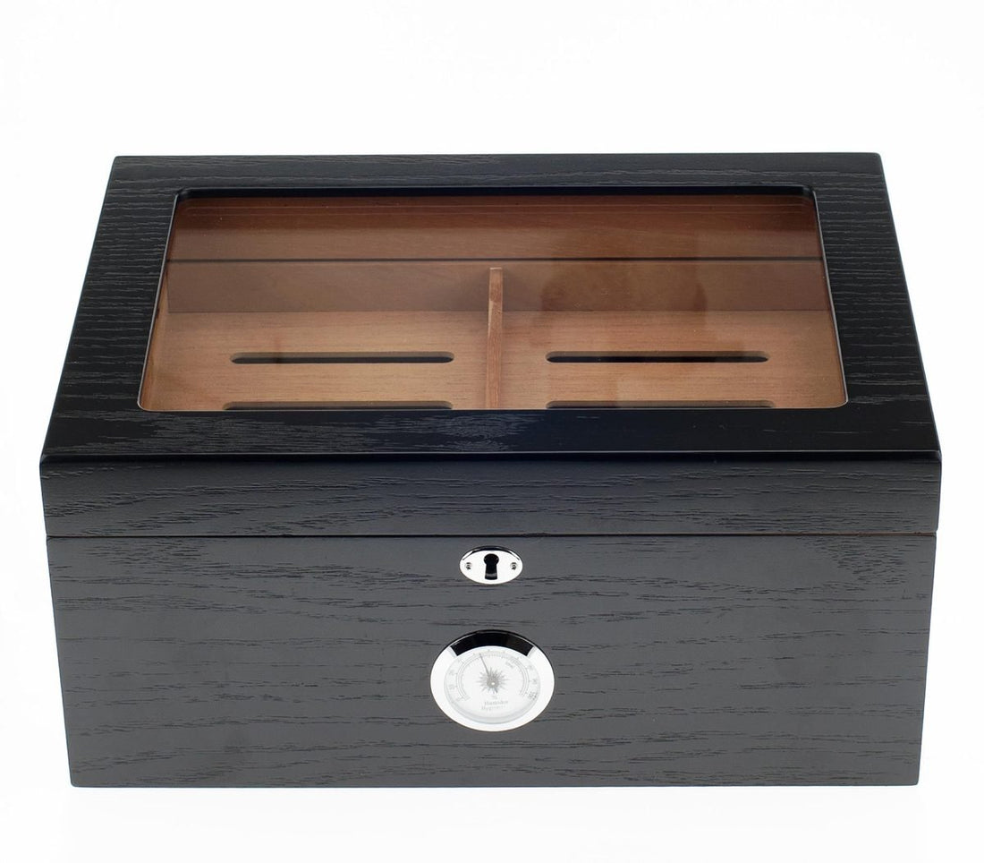 Quality Importers Milano Glasstop Black Oak 100 Cigar ct. - Crown Humidors