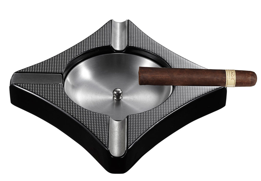 Visol Fuego Carbon Fiber Patterned Wooden CIgar Ashtray - Holds 4 Cigars - Crown Humidors