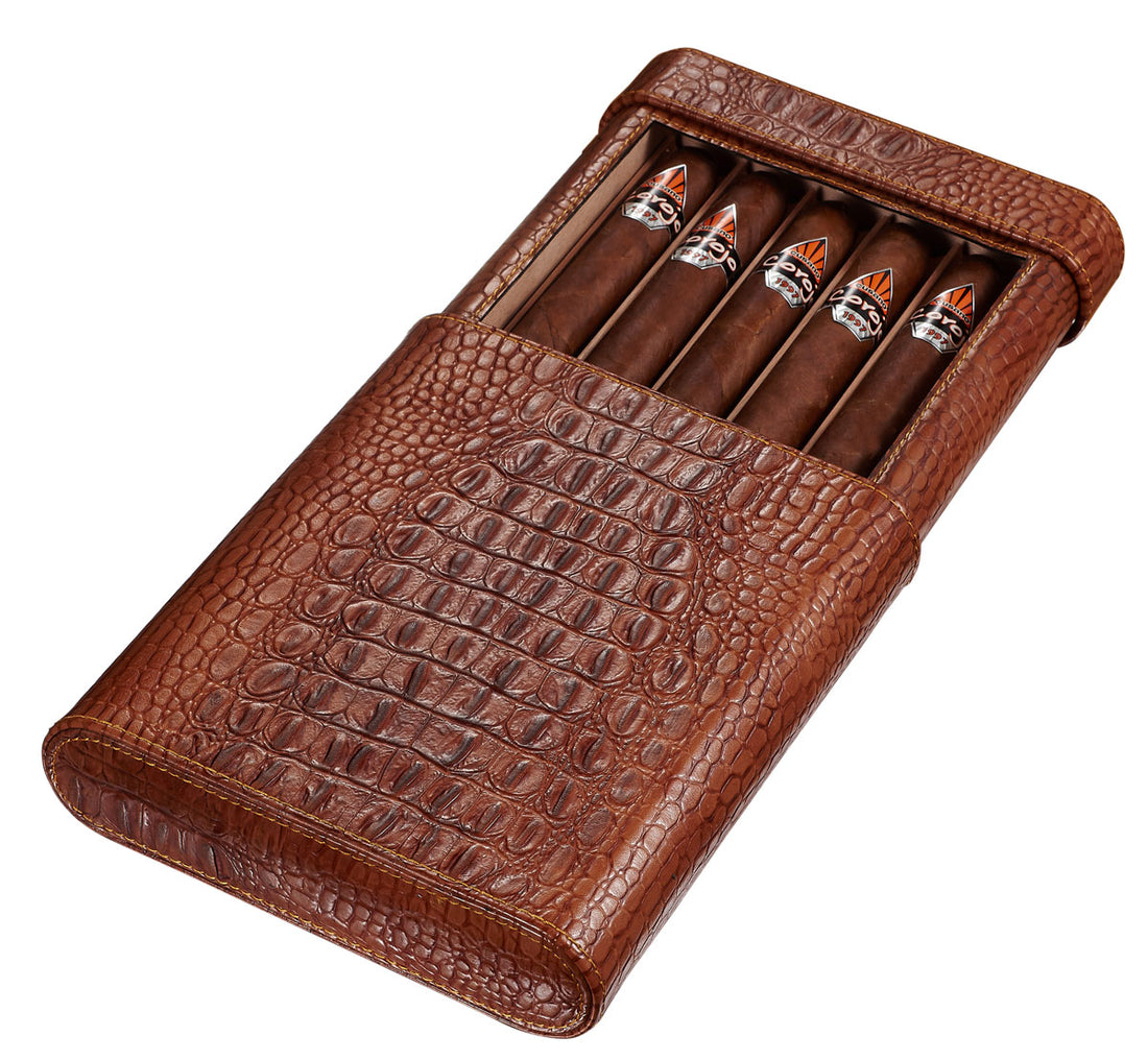 Visol Rennes Crocodile Patterned Leather Travel Cigar Case - Holds 5 Cigars - Crown Humidors