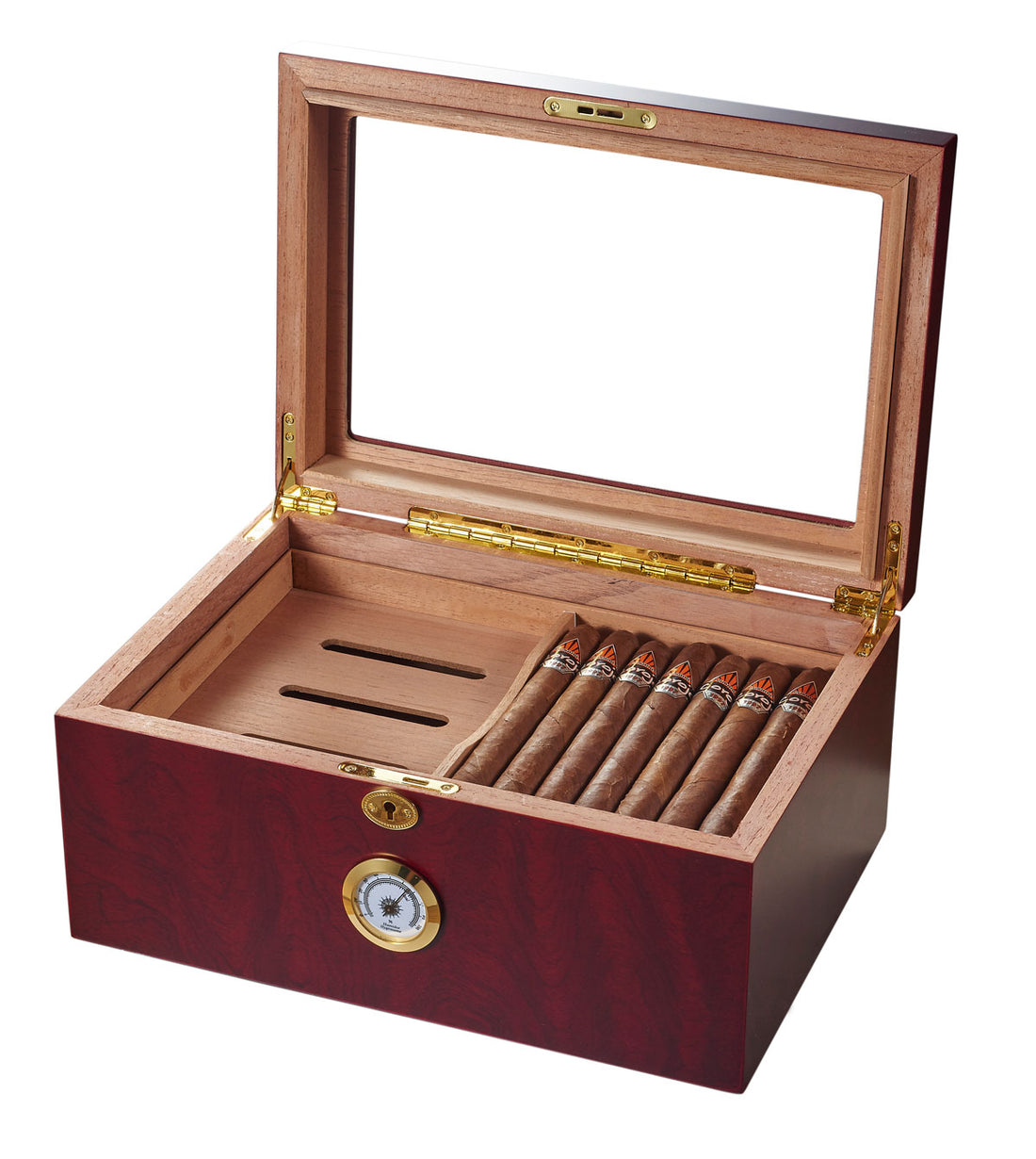 Visol Rainier Glass Top with Cherrywood Finish Cigar Humidor - Holds 100 Cigars - Crown Humidors