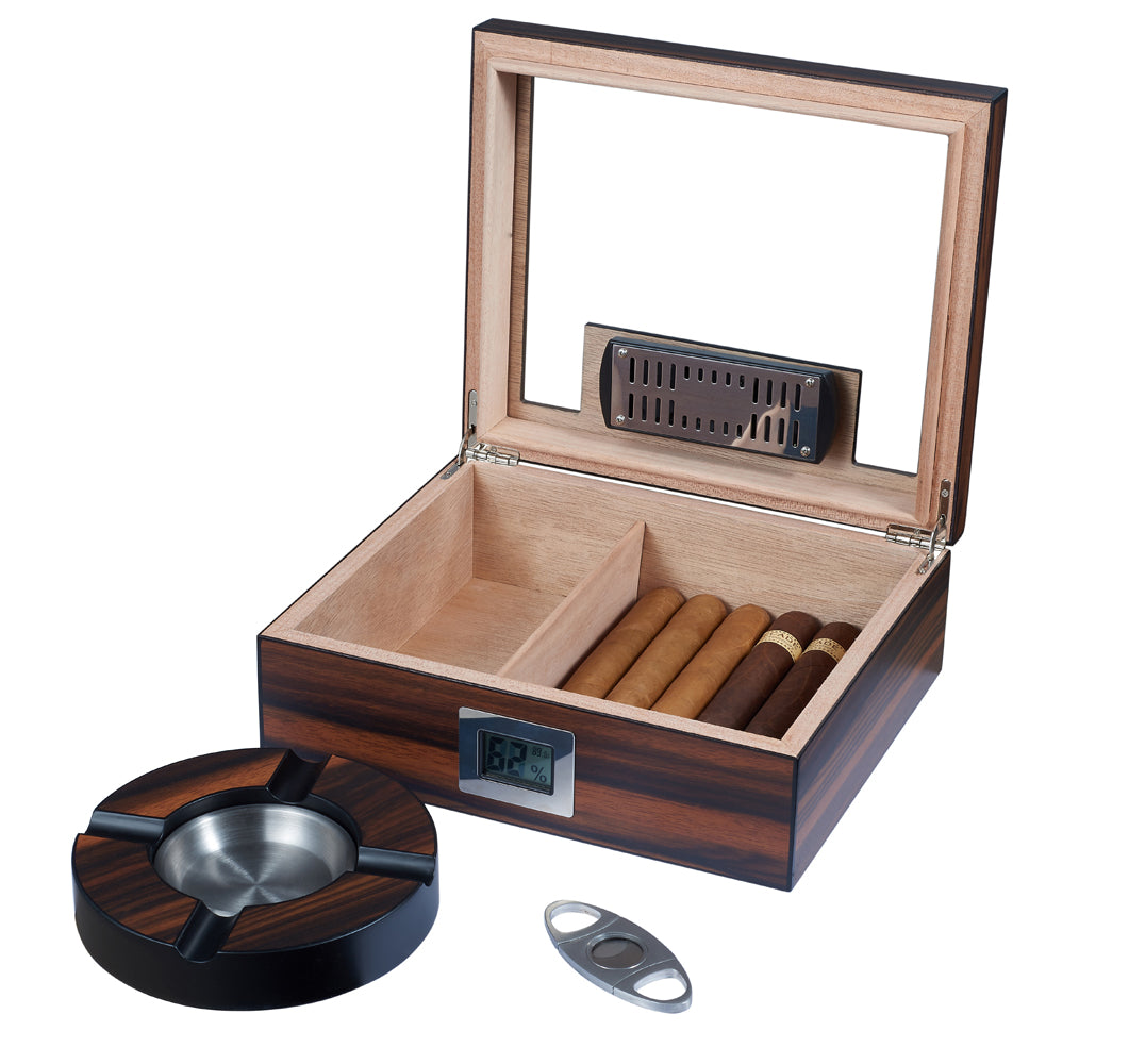 Visol Aidan Glass Top Humidor Gift Set with Cutter and Ashtray - Crown Humidors