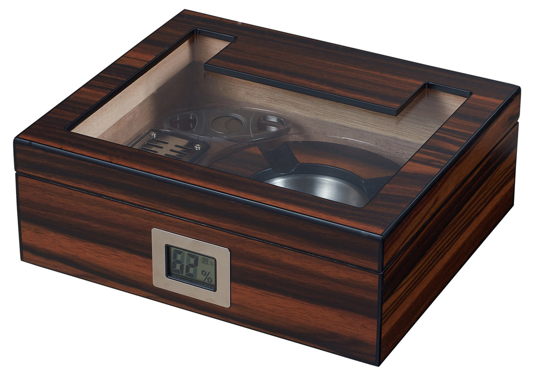 Visol Aidan Glass Top Humidor Gift Set with Cutter and Ashtray - Crown Humidors