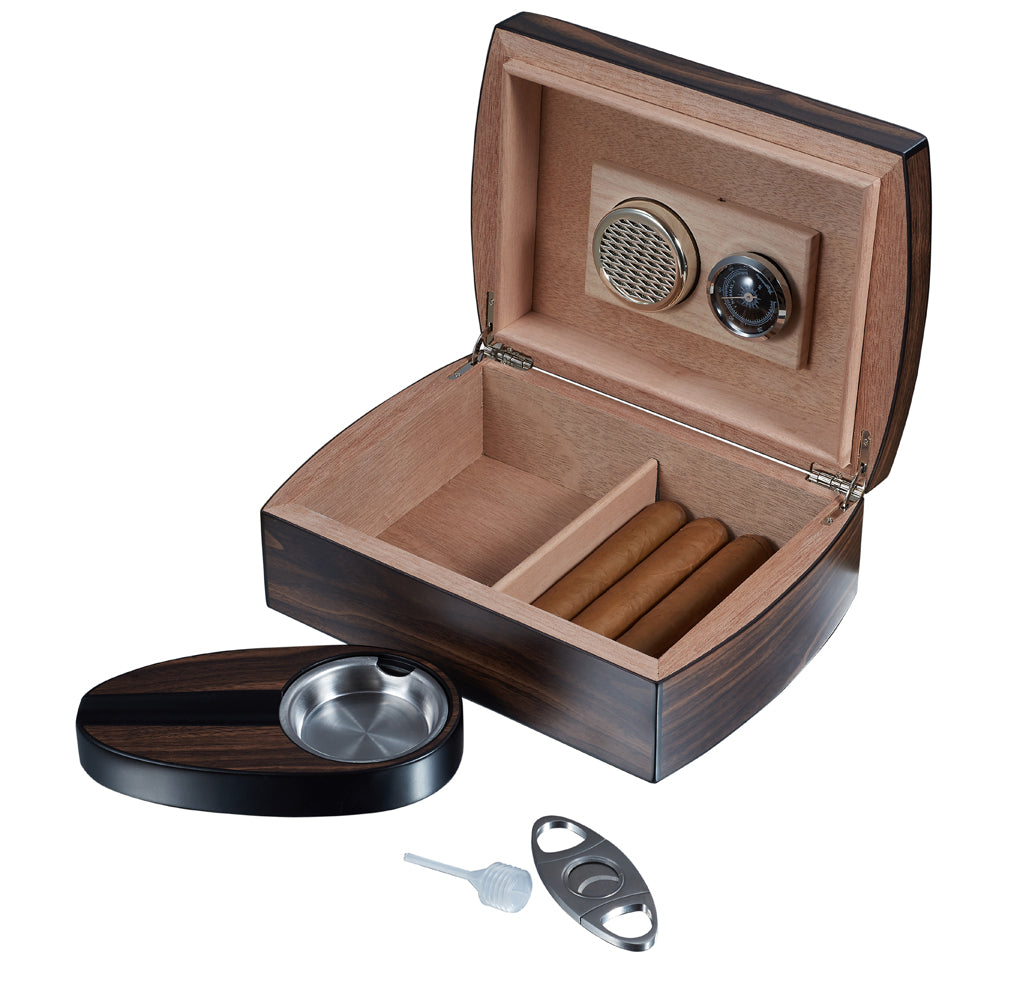 Visol Burkhard Wood Humidor Gift Set with Ashtray and Cutter - Crown Humidors