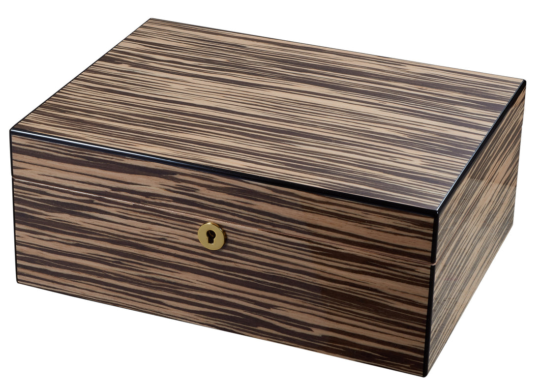 Visol Warrick Polished Zebrawood Locking Humidor - Crown Humidors