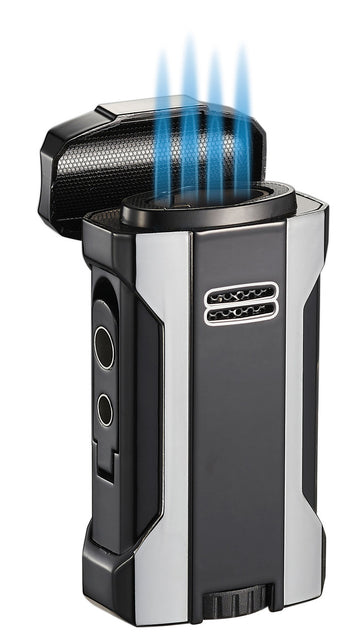 Visol Rhino 2.0 Black & Silver Quad Flame Cigar Lighter - Vlr406807-Rhino2-Slbk