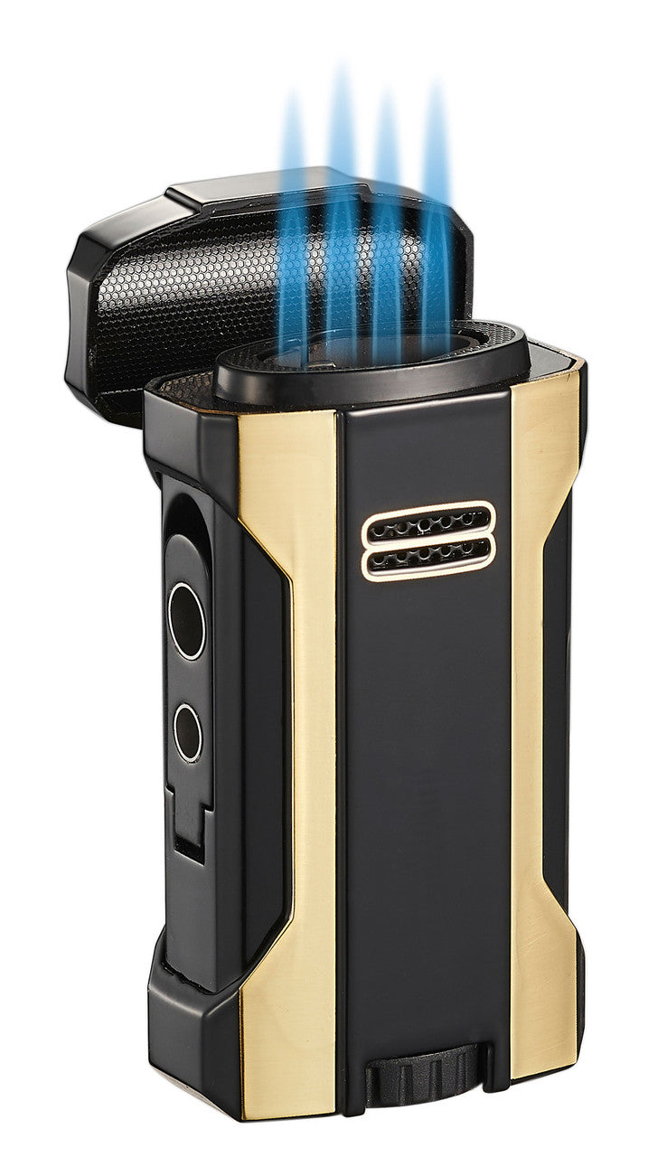 Visol Rhino 2.0 Black & Gold Quad Flame Cigar Lighter - Vlr406808-Rhino2-Gdbk