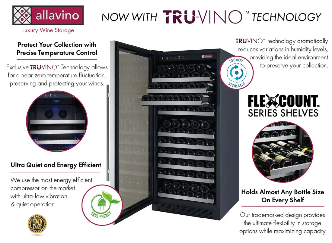 Allavino 24" Wide FlexCount II Tru-Vino 128 Bottle Single Zone Stainless Steel Left Hinge Wine Refrigerator