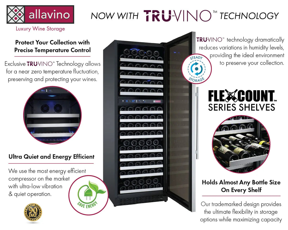 Allavino 24" Wide FlexCount II Tru-Vino 172 Bottle Dual Zone Stainless Steel Left Hinge Wine Refrigerator