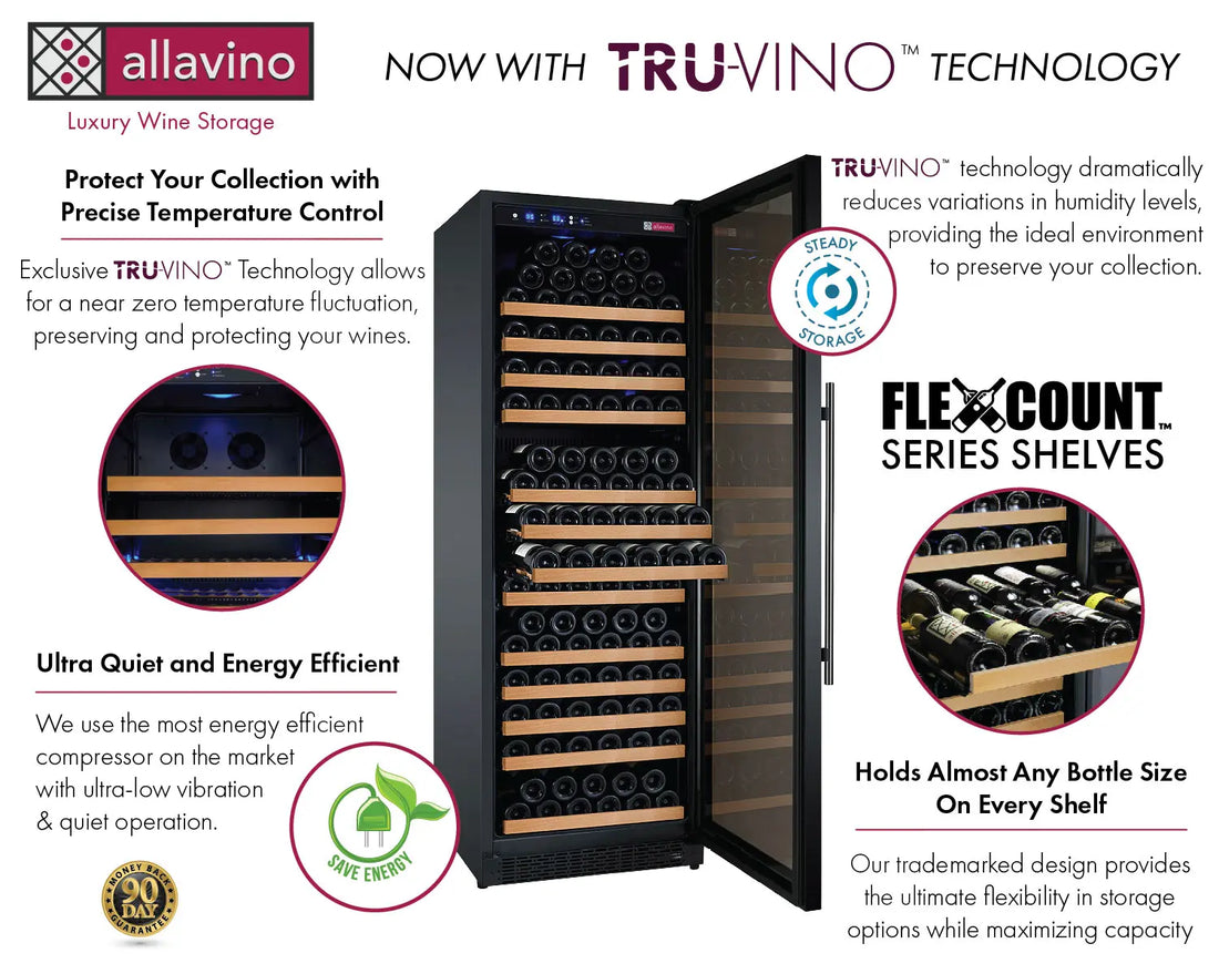 Allavino 24" Wide FlexCount II Tru-Vino 177 Bottle Single Zone Black Right Hinge Wine Refrigerator