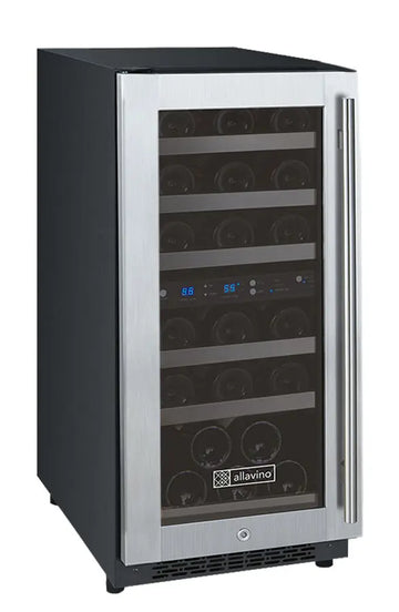 Allavino 15" Wide FlexCount II Tru-Vino 30 Bottle Dual Zone Stainless Steel Left Hinge Wine Refrigerator