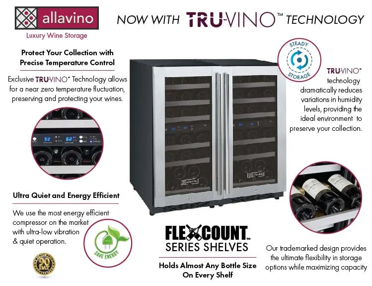 Allavino 30" Wide FlexCount II Tru-Vino 60 Bottle Four Zone Stainless Steel Side-by-Side Wine Refrigerator