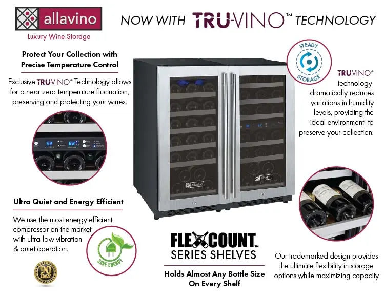 Allavino 30" Wide FlexCount II Tru-Vino 60 Bottle Three Zone Stainless Steel Side-by-Side Wine Refrigerator