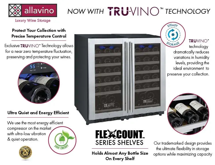 Allavino 30" Wide FlexCount II Tru-Vino 60 Bottle Dual Zone Stainless Steel Side-by-Side Wine Refrigerator