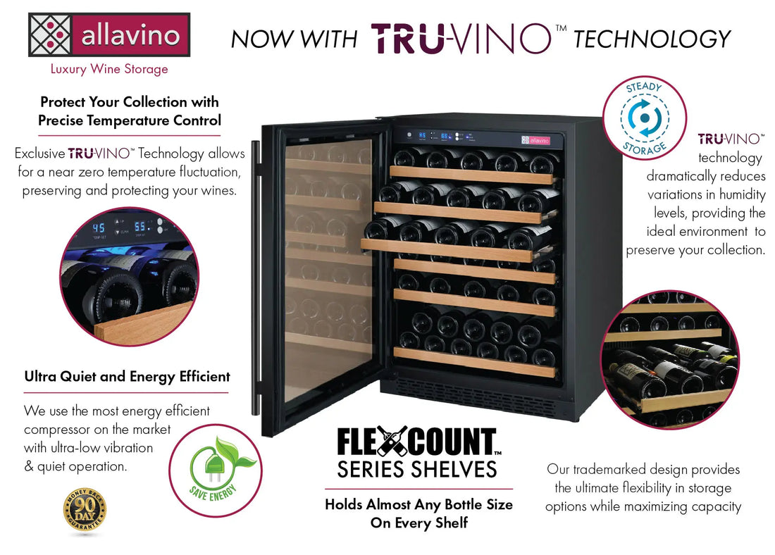 Allavino 24" Wide FlexCount II Tru-Vino 56 Bottle Single Zone Black Left Hinge Wine Refrigerator