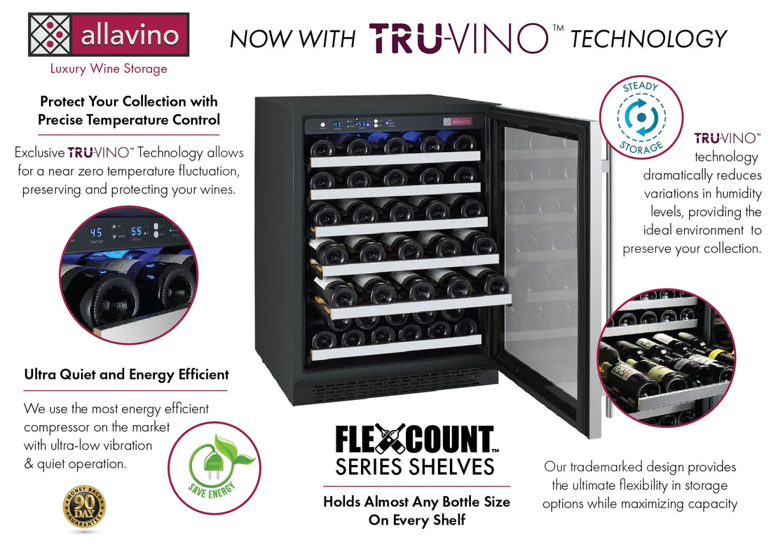 Allavino 24" Wide FlexCount II Tru-Vino 56 Bottle Single Zone Stainless Steel Right Hinge Wine Refrigerator