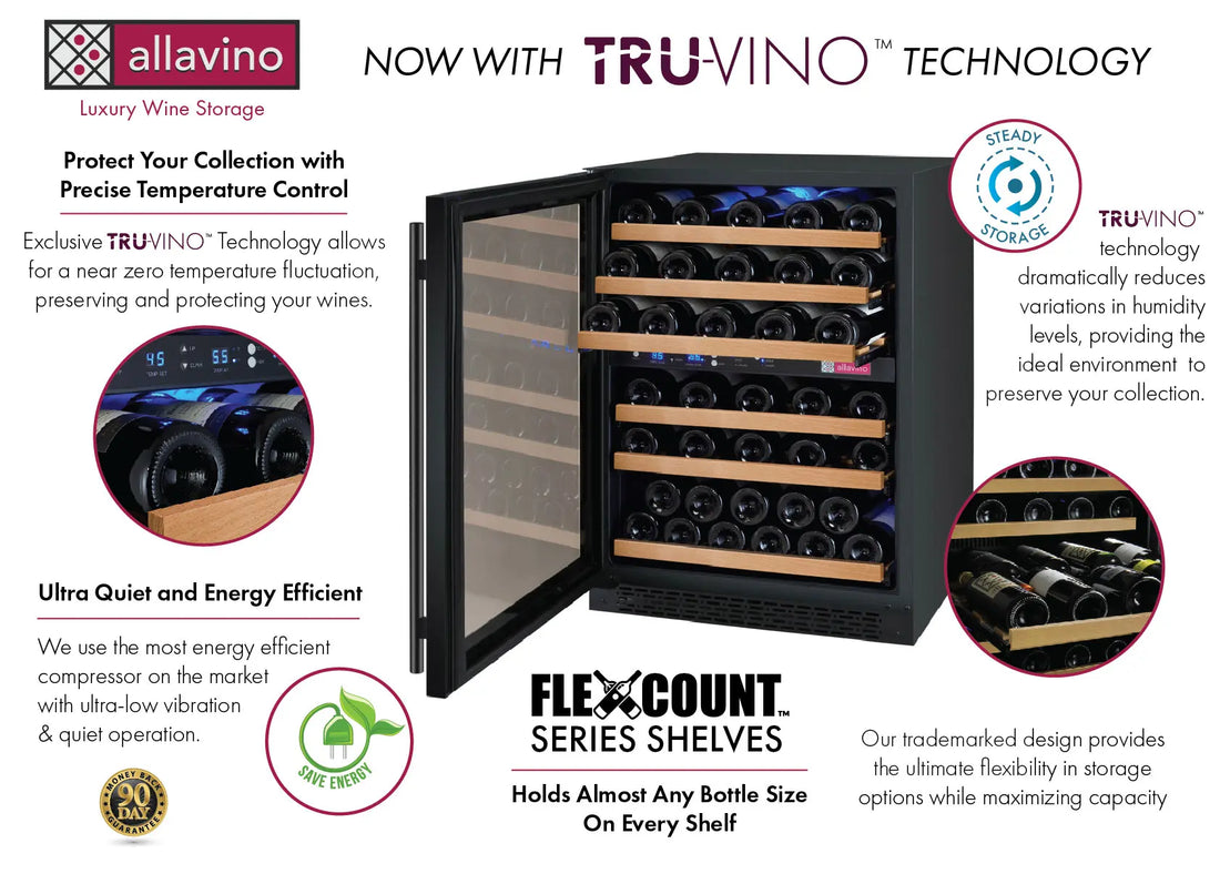 Allavino 24" Wide FlexCount II Tru-Vino 56 Bottle Dual Zone Black Left Hinge Wine Refrigerator