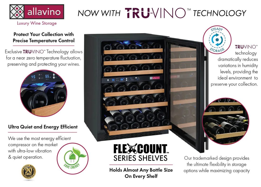 Allavino 47" Wide FlexCount II Tru-Vino 112 Bottle Four Zone Black Side-by-Side Wine Refrigerator