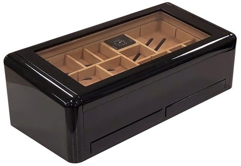 Prestige Imports 150 Ct. Jet Black High Gloss Humidor w/ Slide & Lock Dividers & Storage - Crown Humidors