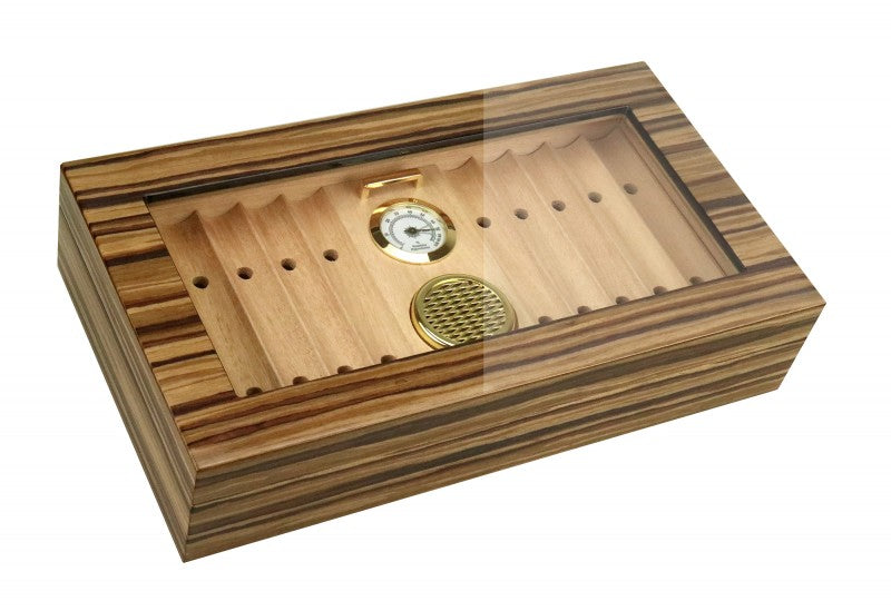 Prestige Imports African Obeche Techwood Lacquer Glasstop Humidor w/ Removable Cigar Bed - Crown Humidors