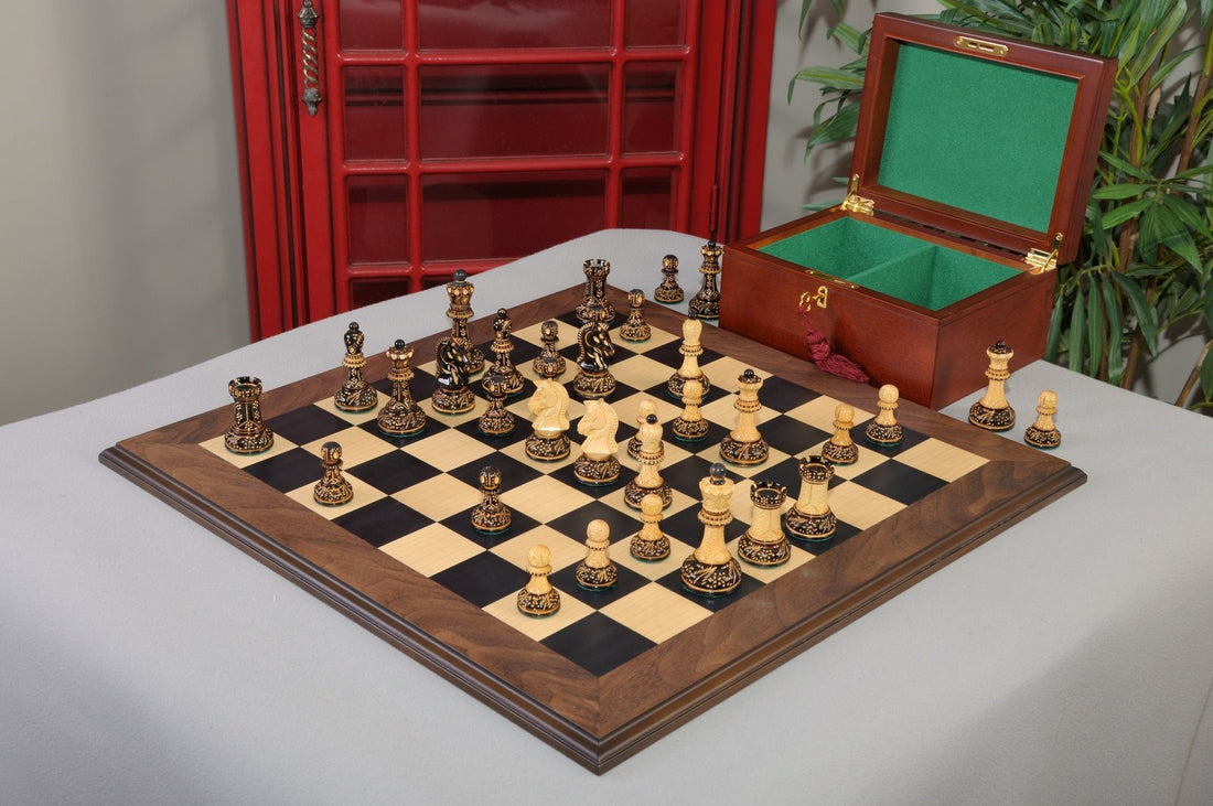 The Burnt Dubrovnik Series Chess Set, Box, & Board Combination - Crown Humidors