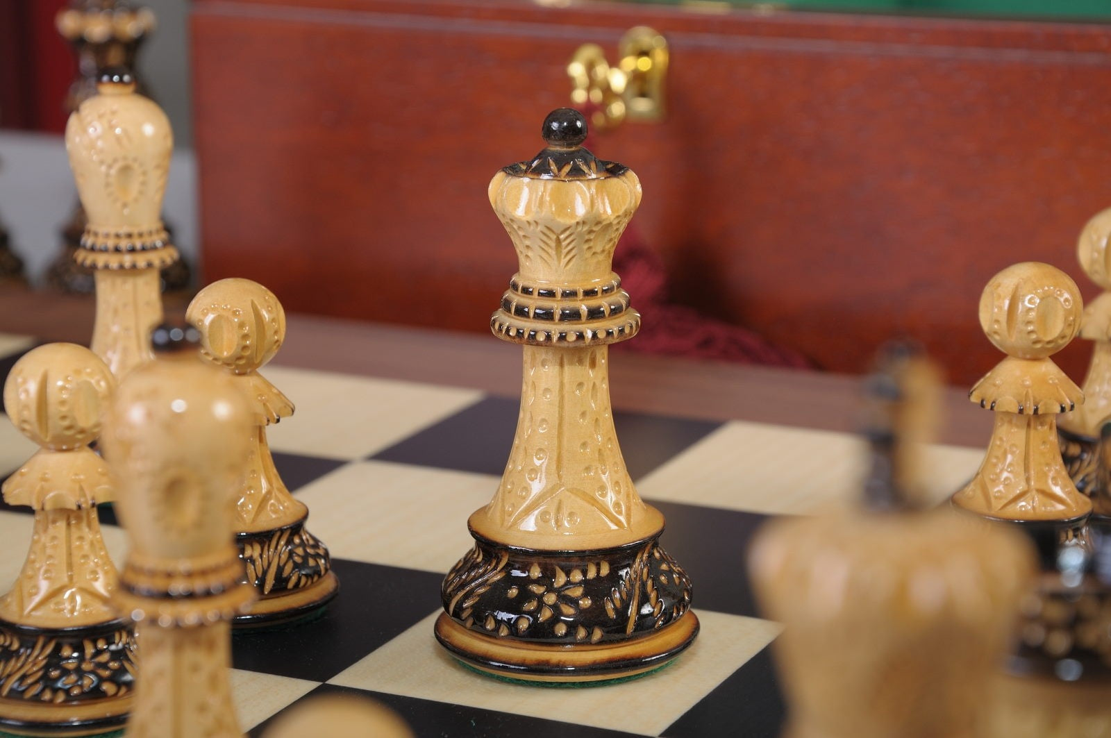 The Burnt Zagreb '59 Series Chess Set, Box, & Board Combination - Crown Humidors