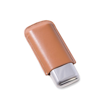 Bey-Berk Tan Leather and Stainless Steel Two Cigar Holder - C242T - Crown Humidors