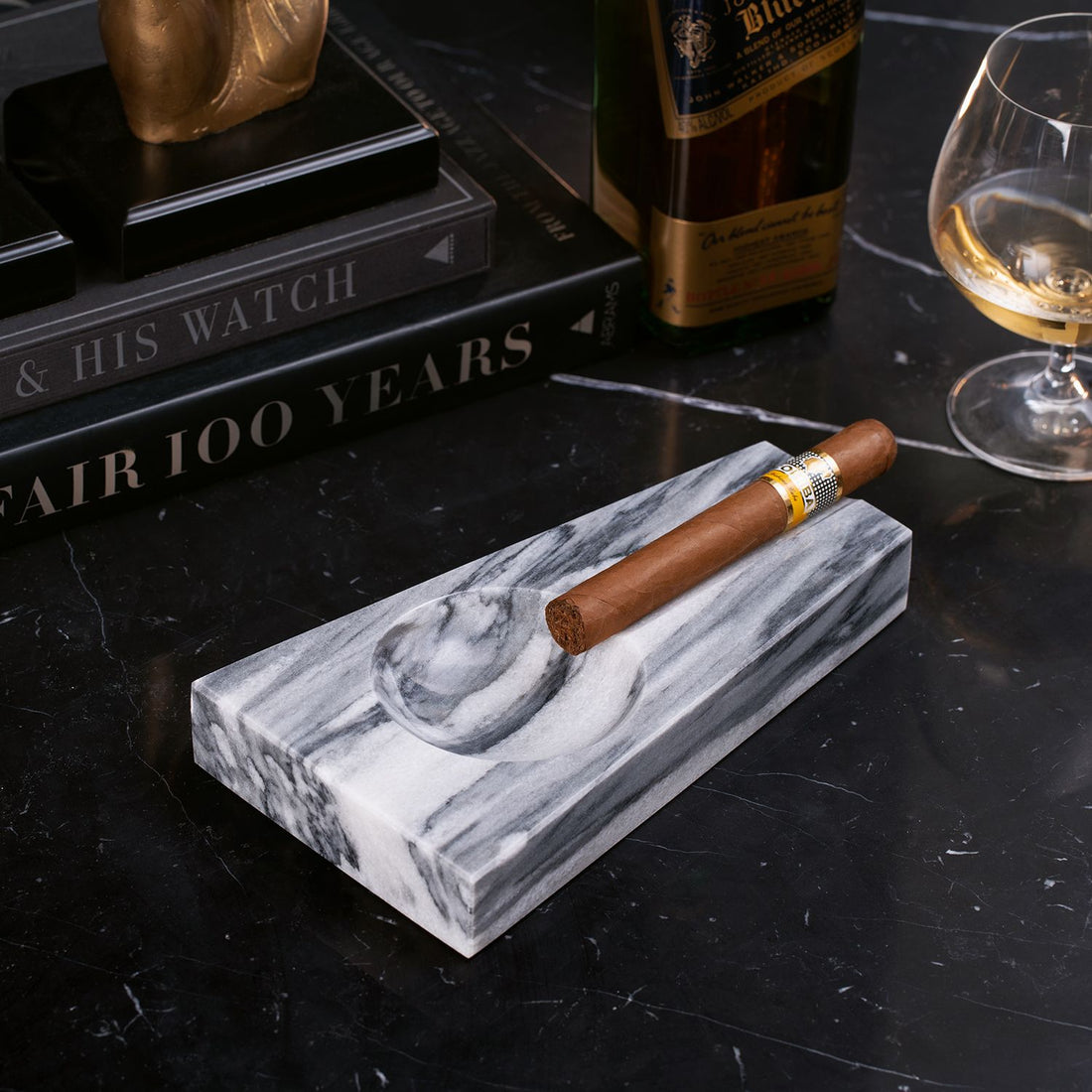 Bey-Berk Single Cigar Ashtray in Carrera Gray Marble - C319 - Crown Humidors