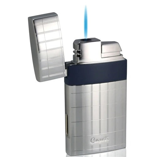 Caseti Troy Polished Chrome With Blue Single Torch Flame Cigar Lighter - Crown Humidors