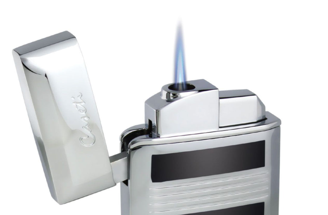 Caseti Flamei Single Jet Flame Cigar Lighter - Polished Chrome & Gray Lacquer - Crown Humidors