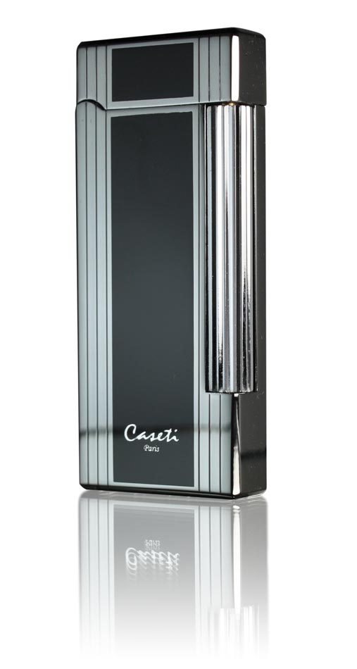 Caseti Ravensdale Chrome Plated Vertical Lines and Black Lacquer Flint Traditional Flame Lighter - Crown Humidors