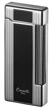 Caseti Ravensdale Chrome Plated Vertical Lines and Black Lacquer Flint Traditional Flame Lighter - Crown Humidors