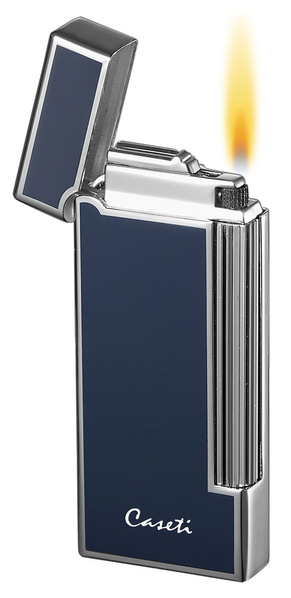 Caseti Ravensdale Flint Traditional Flame Lighter - Chrome Plated Vertical Lines & Blue Lacquer - Crown Humidors