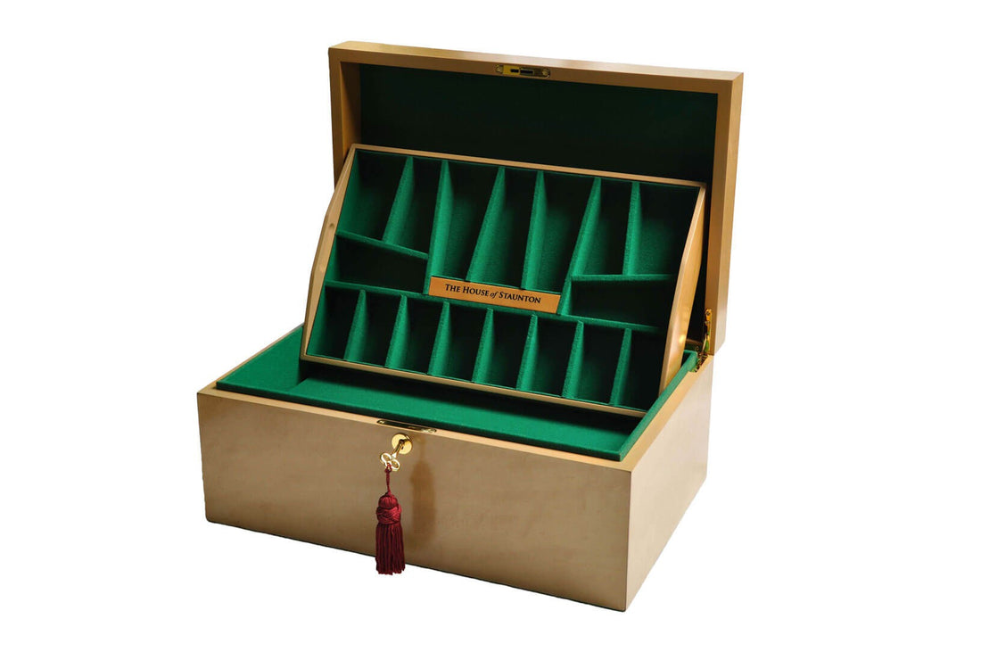 The House of Staunton *NEW* Fitted Coffer Chess Box - Bird's Eye Maple - Crown Humidors