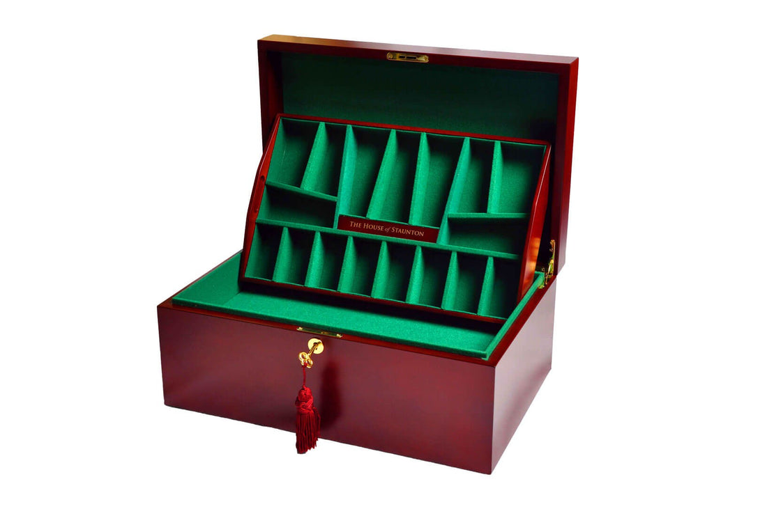 The House of Staunton *NEW* Fitted Coffer Chess Box - Red Burl - Crown Humidors