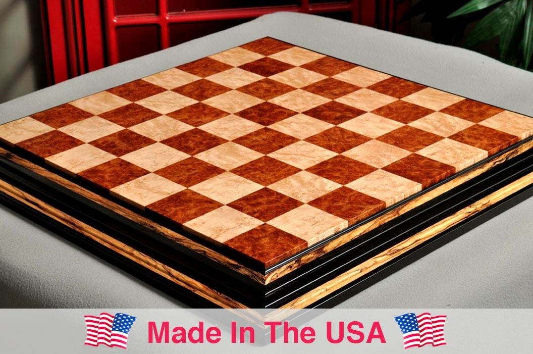 Signature Contemporary Chess Board - RED AMBOYNA / BIRD'S EYE MAPLE - 2.5" Squares - Crown Humidors