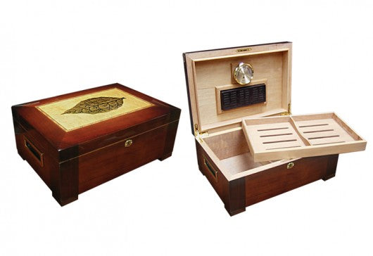 The Stetson Tobacco Leaf Inlay Humidor by Prestige Import Group - 150 Cigar ct - Crown Humidors