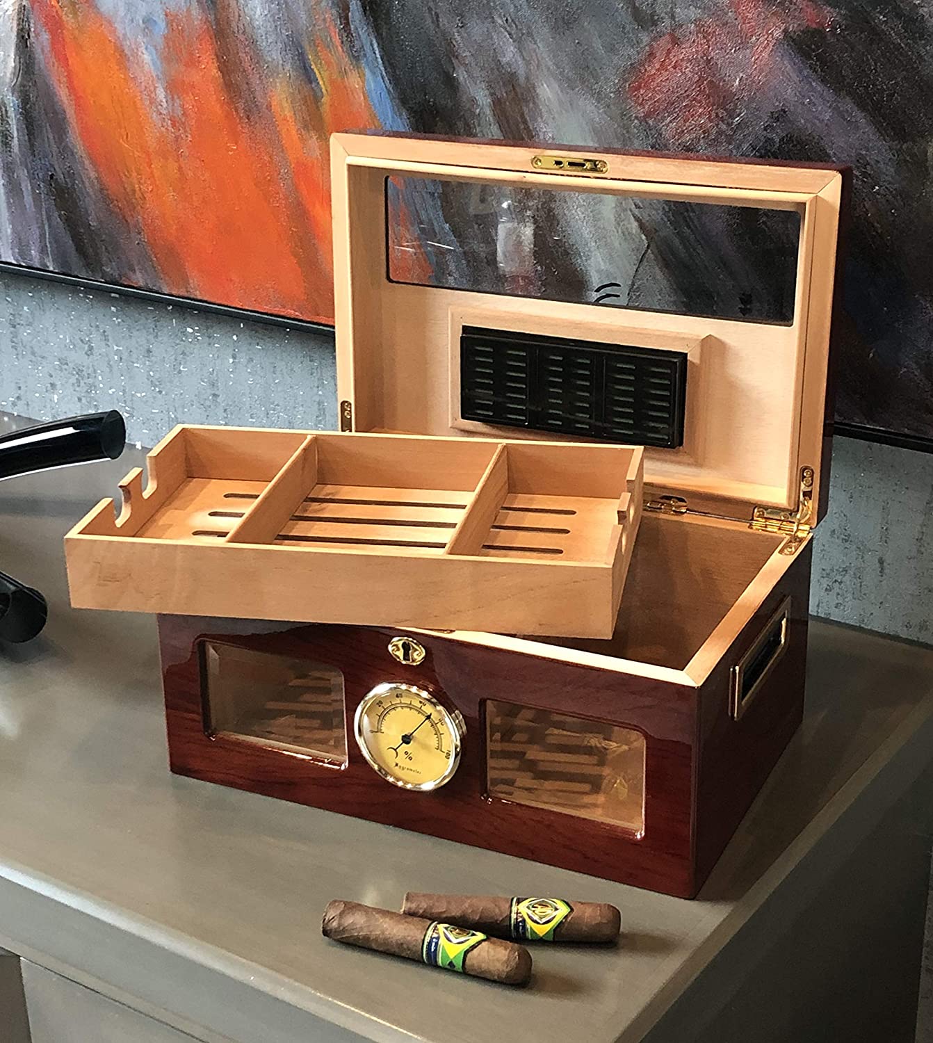 The Valencia High Gloss Cherry Humidor by Prestige Import Group - 120 Cigar ct - Crown Humidors