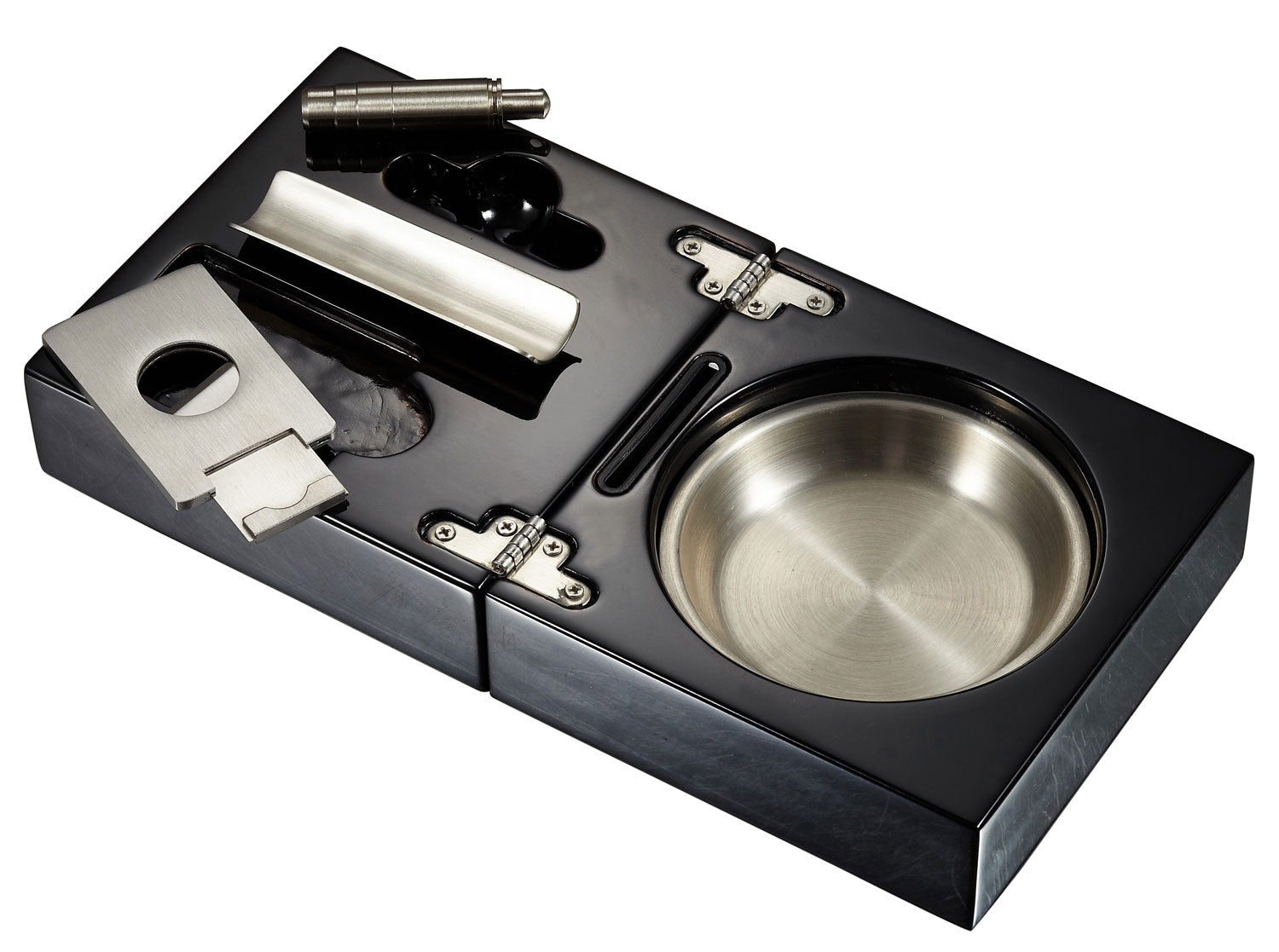 Visol Bremen Black Lacquer Folding Cigar Ashtray with Cutter and Punch - Crown Humidors