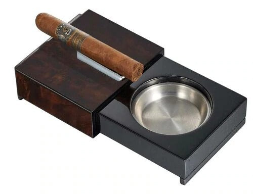 Visol Loki Sliding Ashtray with Removable Ashtray and Compartments - Burl Wood - Crown Humidors