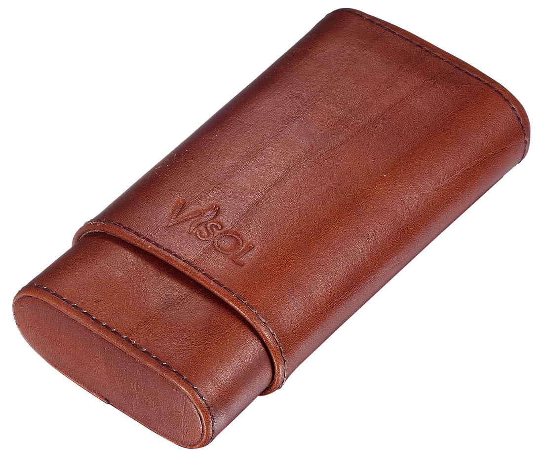 Visol Cuero Genuine Tan Leather 3-Finger Cigar Case - Crown Humidors