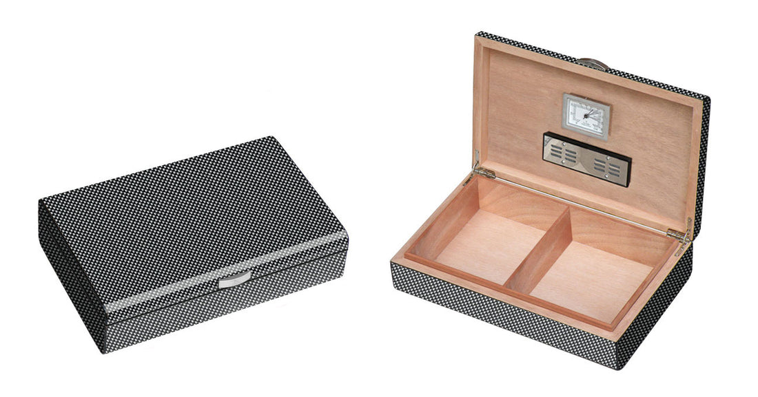 Visol Carbon Fiber Pattern Lacquered Medium Cigar Humdior - Holds 50 Cigars - Crown Humidors