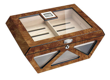 Visol Collin Matte Burlwood Glass Top Cigar Humidor - Holds 100 Cigars - Crown Humidors