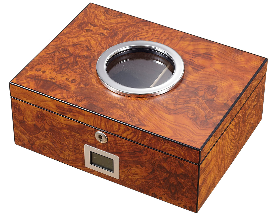 Visol PortHole Burlwood Finish Cigar Humidor - Holds 75 Cigars - Crown Humidors