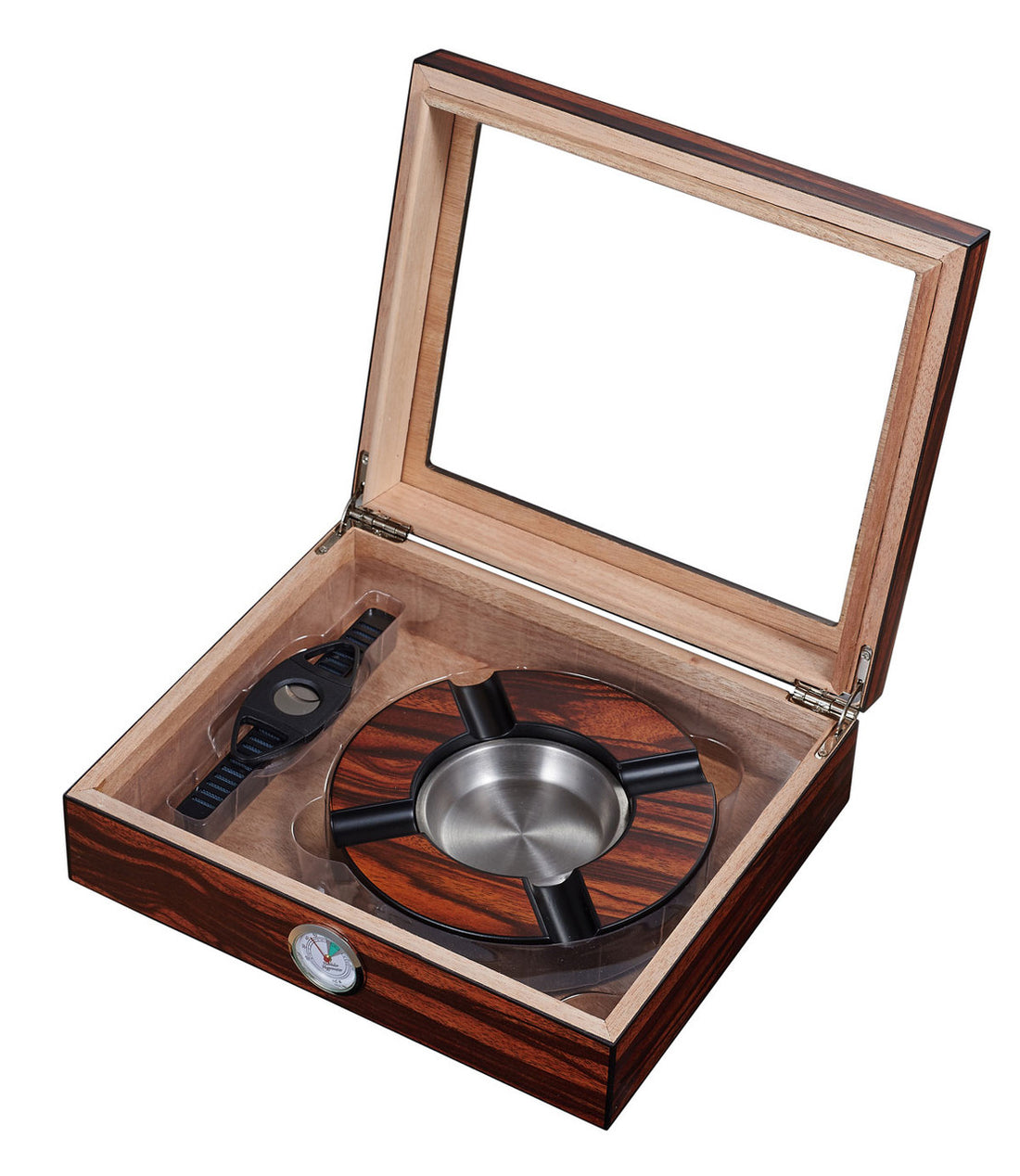 Visol Eiger Small Glasstop Humidor, Ashtray And Cutter Gift Set - Vhud716